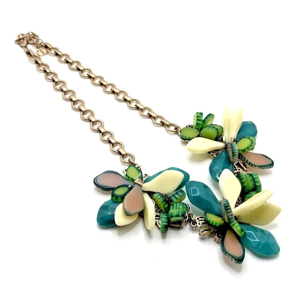 Talbots Green White Floral Necklace Gold Tone Statement Bib Runway 18-21
